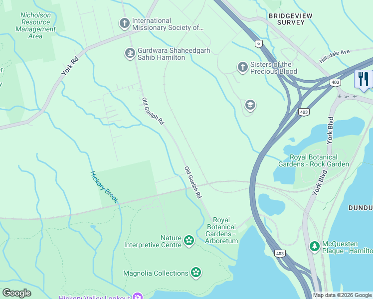 map of restaurants, bars, coffee shops, grocery stores, and more near 90 Old Guelph Road in Hamilton