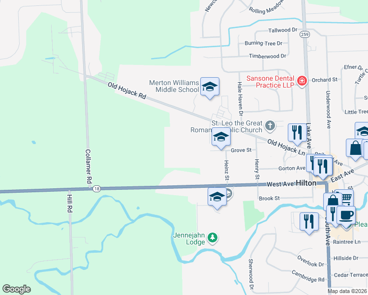 map of restaurants, bars, coffee shops, grocery stores, and more near 100 School Lane in Hilton