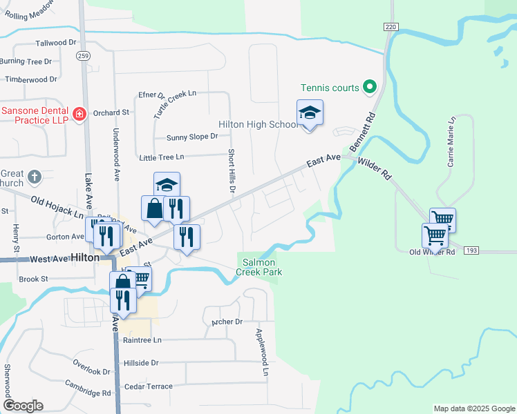 map of restaurants, bars, coffee shops, grocery stores, and more near 15 Parkwood Lane in Hilton