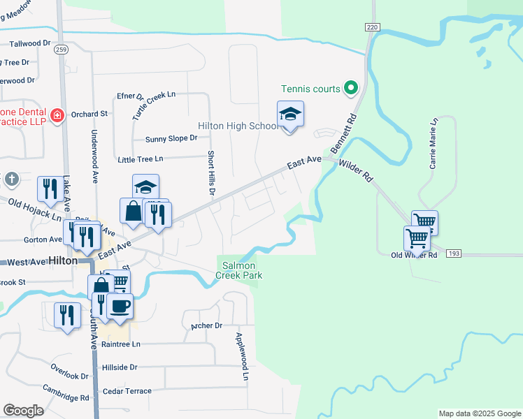 map of restaurants, bars, coffee shops, grocery stores, and more near 104 Parkwood Lane in Hilton