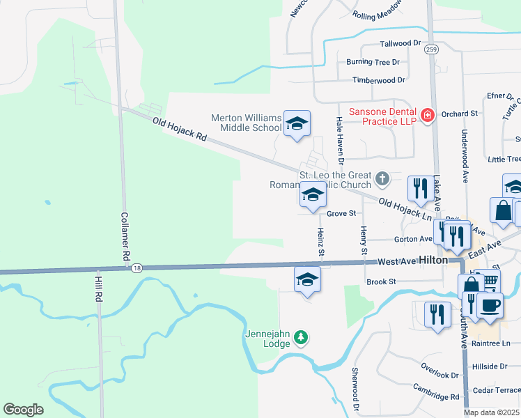 map of restaurants, bars, coffee shops, grocery stores, and more near 100 School Lane in Hilton