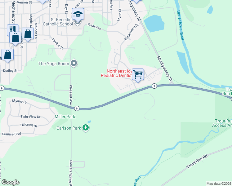 map of restaurants, bars, coffee shops, grocery stores, and more near 705 Commerce Drive in Decorah