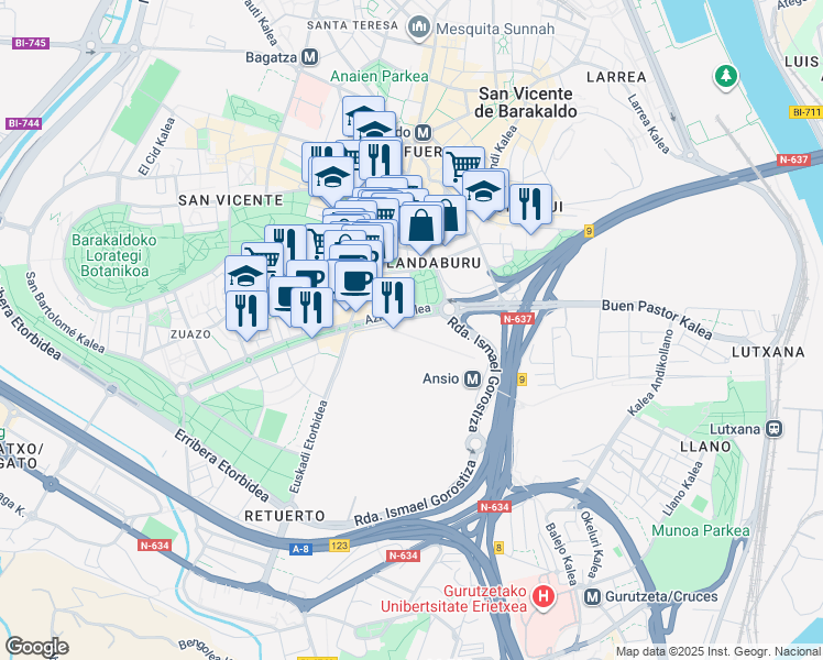 map of restaurants, bars, coffee shops, grocery stores, and more near 1 Azkue Kalea in Barakaldo