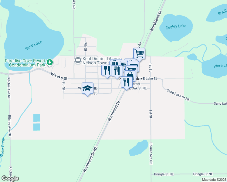 map of restaurants, bars, coffee shops, grocery stores, and more near 109 4th Street in Sand Lake