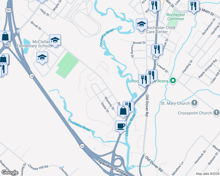 map of restaurants, bars, coffee shops, grocery stores, and more near 5 Bicycle Avenue in Rochester