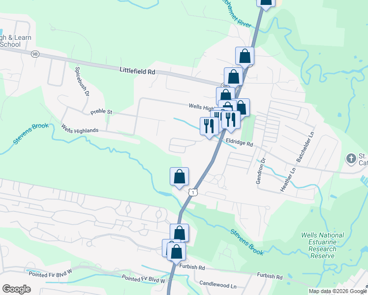 map of restaurants, bars, coffee shops, grocery stores, and more near 620 Post Road in Wells