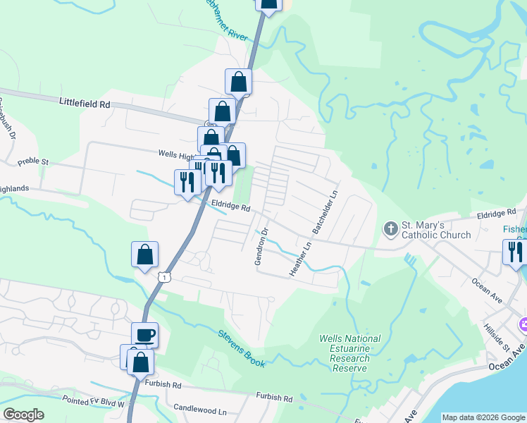 map of restaurants, bars, coffee shops, grocery stores, and more near 76 Eldridge Road in Wells