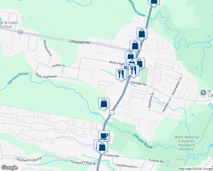 map of restaurants, bars, coffee shops, grocery stores, and more near 620 Post Road in Wells