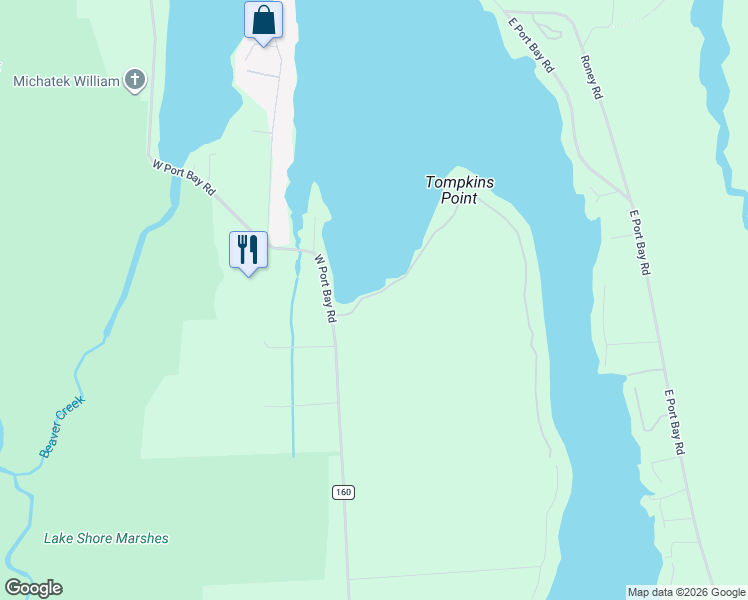 map of restaurants, bars, coffee shops, grocery stores, and more near 11617 Tompkins Point Road in Wolcott