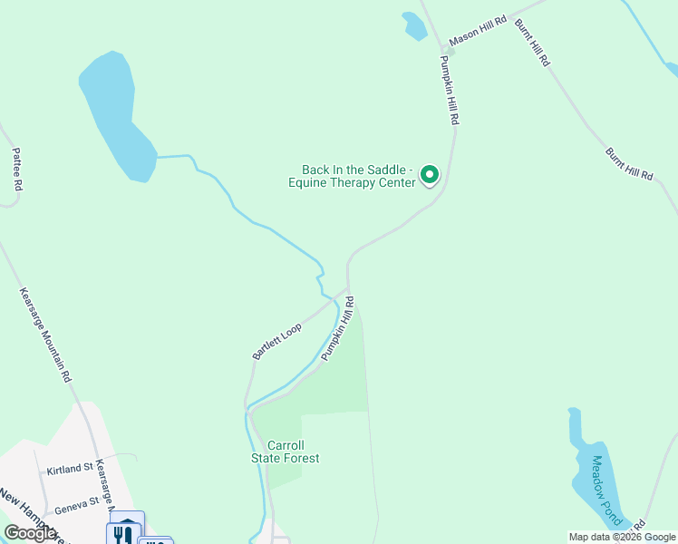 map of restaurants, bars, coffee shops, grocery stores, and more near 163 Pumpkin Hill Road in Warner