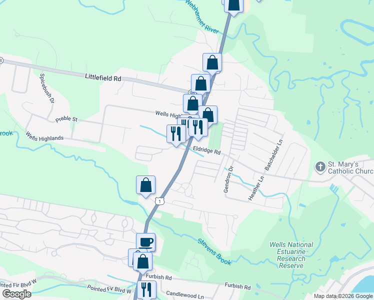map of restaurants, bars, coffee shops, grocery stores, and more near 620 Post Road in Wells