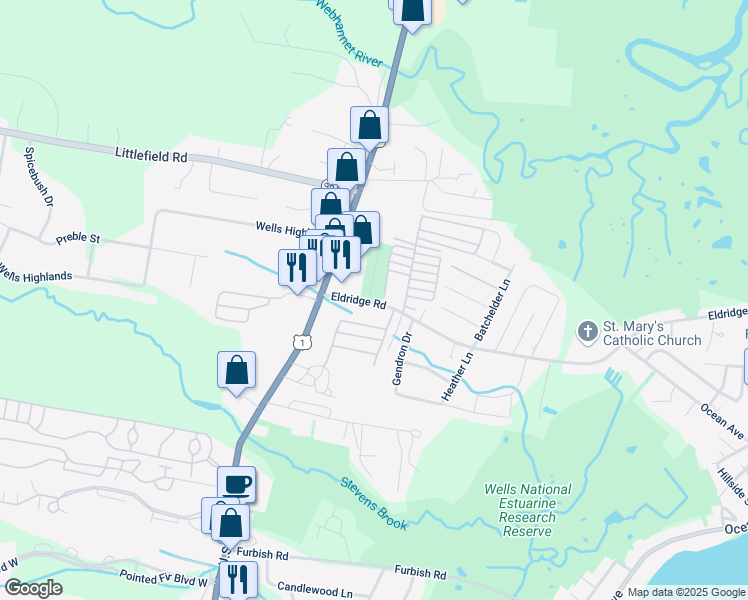 map of restaurants, bars, coffee shops, grocery stores, and more near 2 North Street in Wells