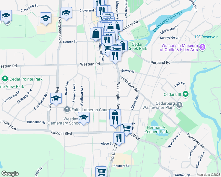 map of restaurants, bars, coffee shops, grocery stores, and more near W61N443 Washington Avenue in Cedarburg