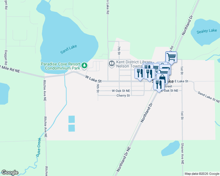 map of restaurants, bars, coffee shops, grocery stores, and more near 218 West Lake Street in Sand Lake