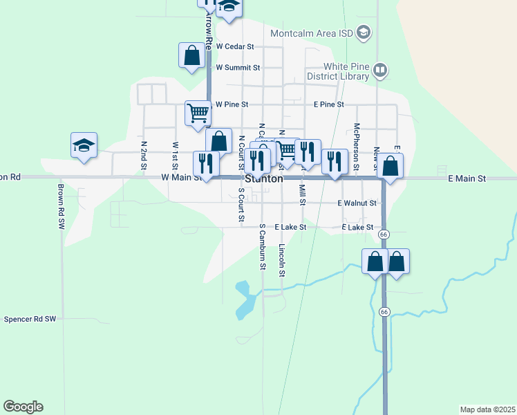 map of restaurants, bars, coffee shops, grocery stores, and more near 109 West Walnut Street in Stanton