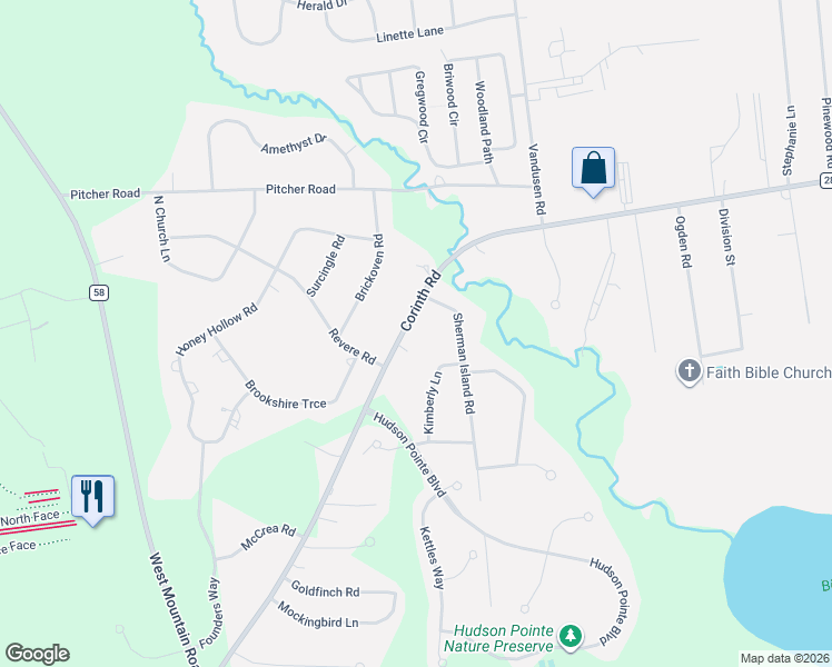 map of restaurants, bars, coffee shops, grocery stores, and more near 575 County Route 28 in Queensbury