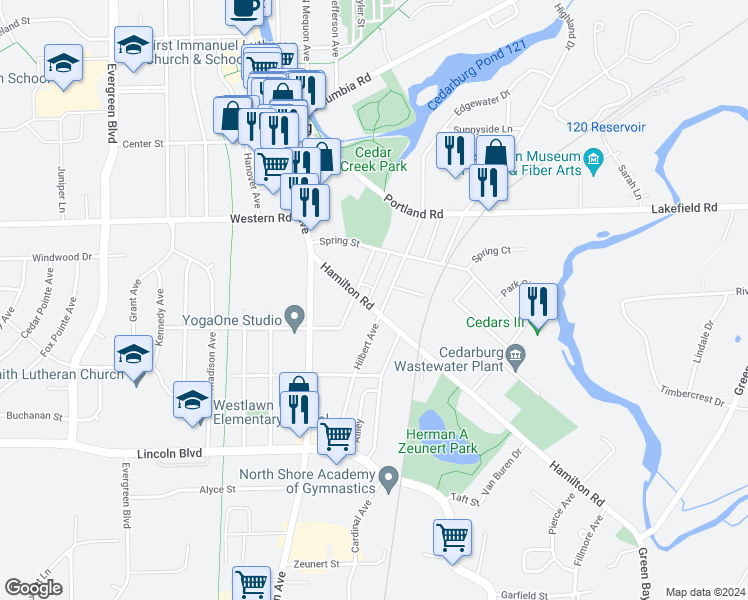 map of restaurants, bars, coffee shops, grocery stores, and more near N42W5926 Hamilton Road in Cedarburg