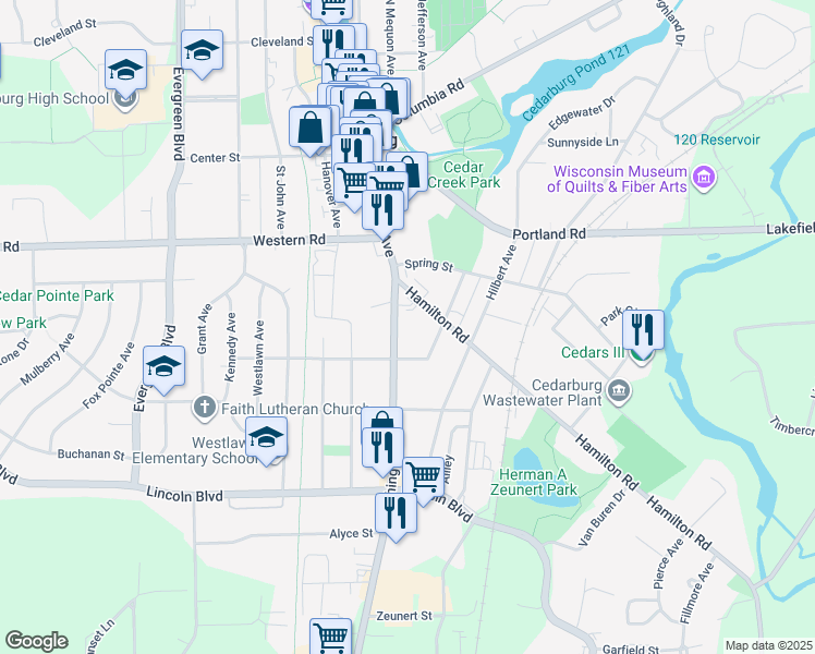 map of restaurants, bars, coffee shops, grocery stores, and more near W61N424 Washington Avenue in Cedarburg