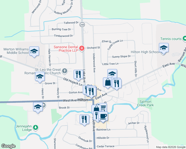 map of restaurants, bars, coffee shops, grocery stores, and more near 87 Underwood Avenue in Hilton