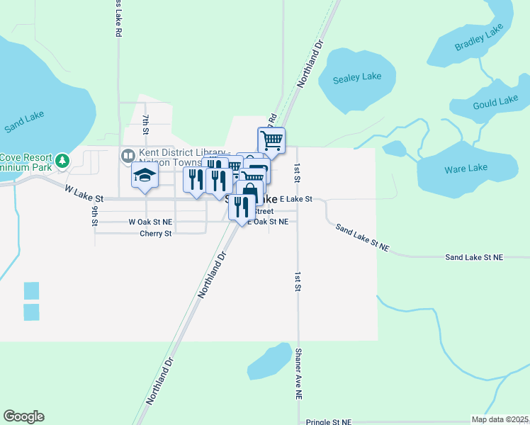 map of restaurants, bars, coffee shops, grocery stores, and more near 50 2nd Street Northeast in Sand Lake