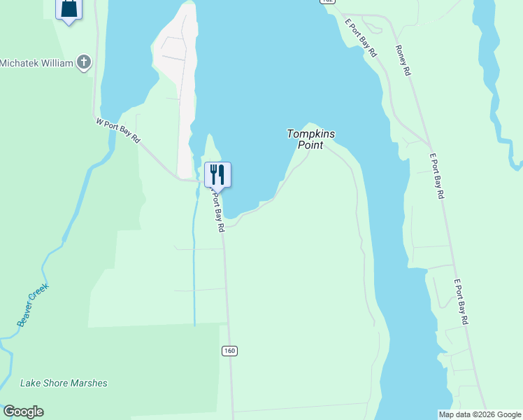 map of restaurants, bars, coffee shops, grocery stores, and more near 11617 Tompkins Point Road in Wolcott
