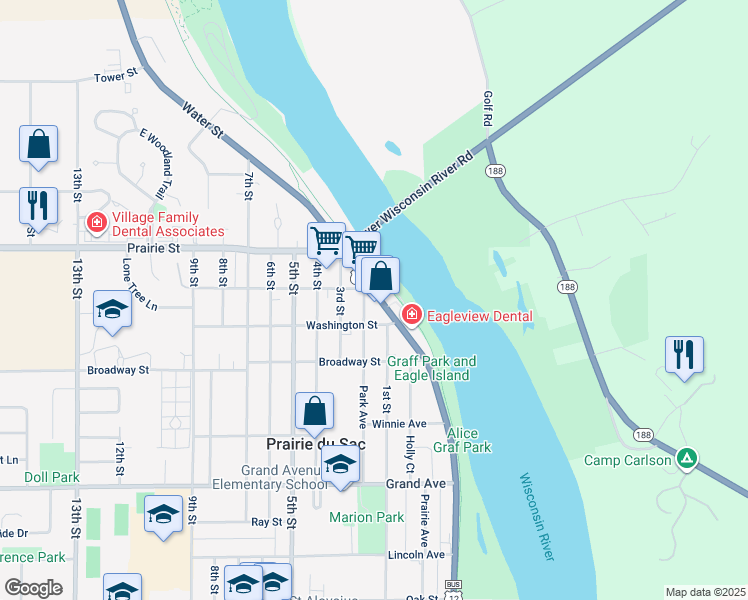 map of restaurants, bars, coffee shops, grocery stores, and more near 565 Water Street in Prairie du Sac