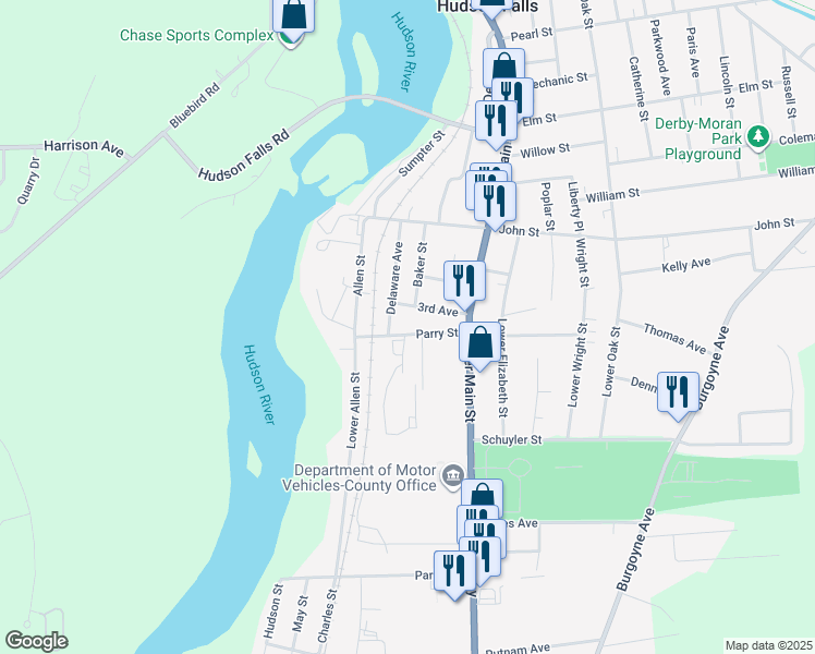 map of restaurants, bars, coffee shops, grocery stores, and more near 17 Parry Street in Hudson Falls