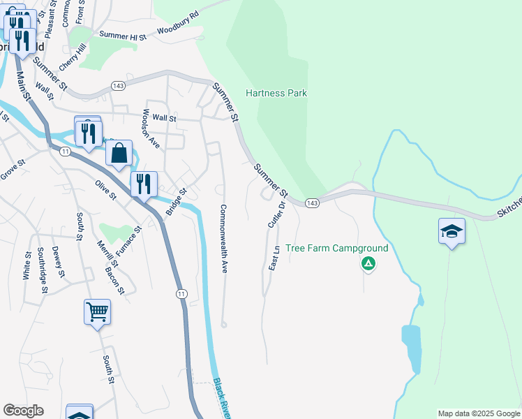 map of restaurants, bars, coffee shops, grocery stores, and more near 361 Summer Street in Springfield