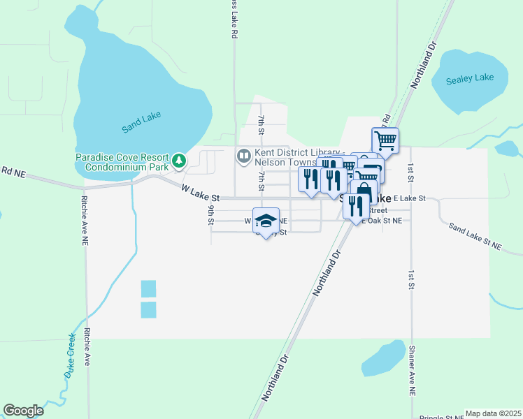 map of restaurants, bars, coffee shops, grocery stores, and more near 33 South 7th Street in Sand Lake