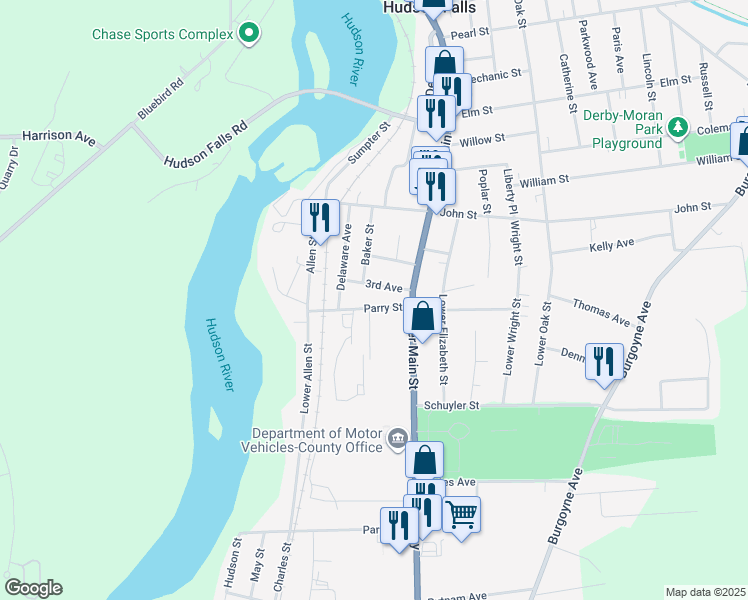 map of restaurants, bars, coffee shops, grocery stores, and more near 17 Parry Street in Hudson Falls