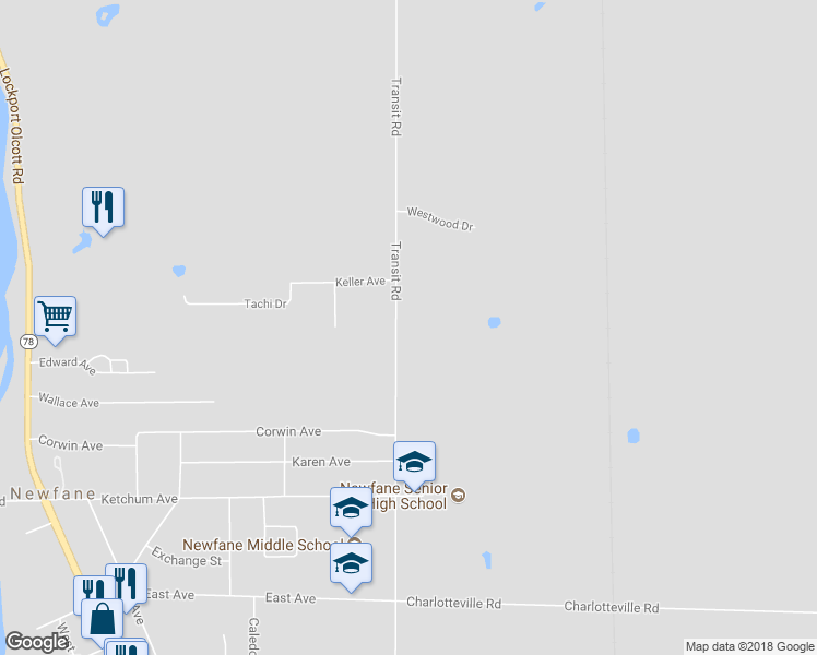 map of restaurants, bars, coffee shops, grocery stores, and more near 2545 Transit Road in Newfane