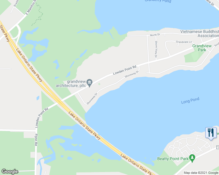 map of restaurants, bars, coffee shops, grocery stores, and more near 71 Shoreway Drive in Rochester