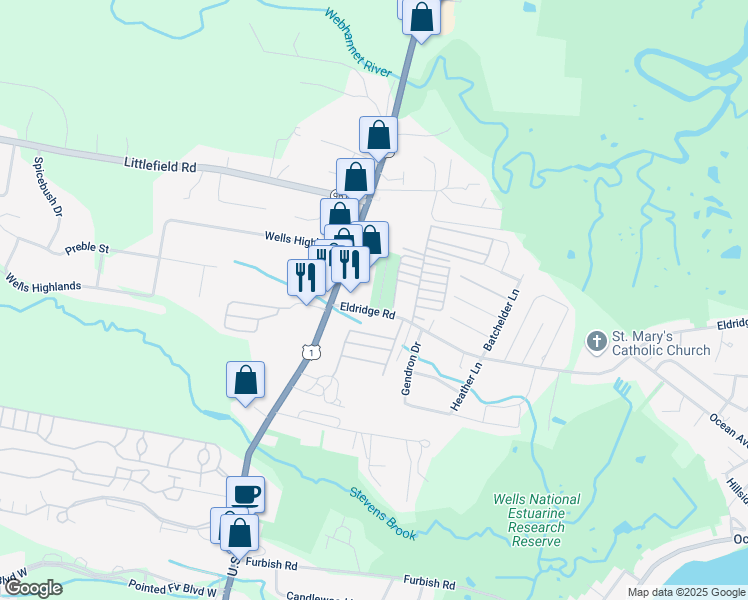 map of restaurants, bars, coffee shops, grocery stores, and more near 2 North Street in Wells