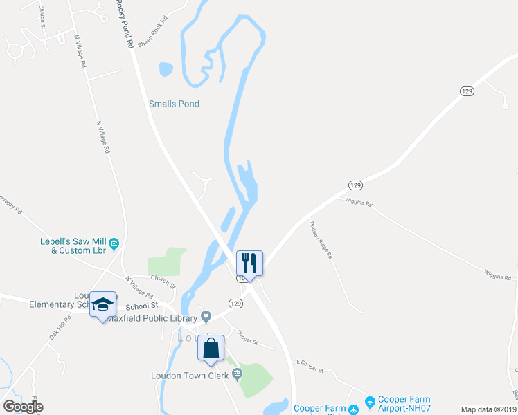map of restaurants, bars, coffee shops, grocery stores, and more near 101 New Hampshire 129 in Loudon