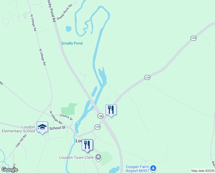 map of restaurants, bars, coffee shops, grocery stores, and more near 101 New Hampshire 129 in Loudon