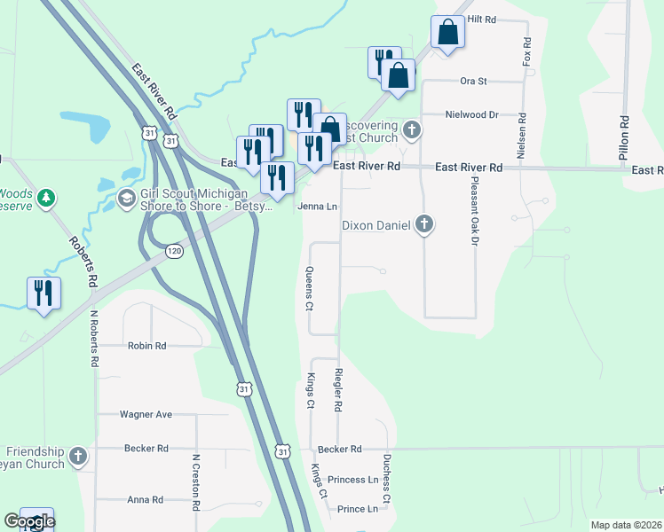 map of restaurants, bars, coffee shops, grocery stores, and more near 2009 Riegler Road in Muskegon
