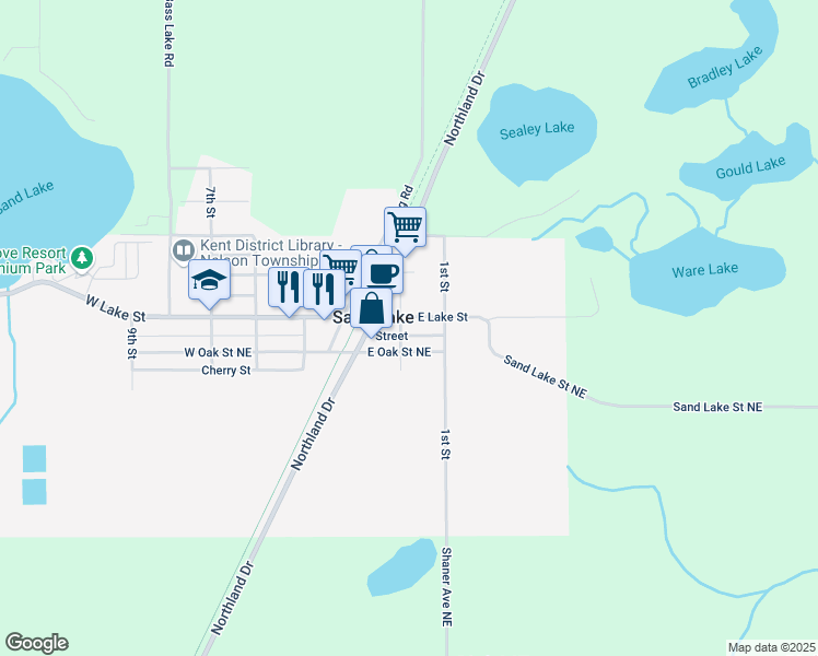 map of restaurants, bars, coffee shops, grocery stores, and more near 50 2nd Street Northeast in Sand Lake