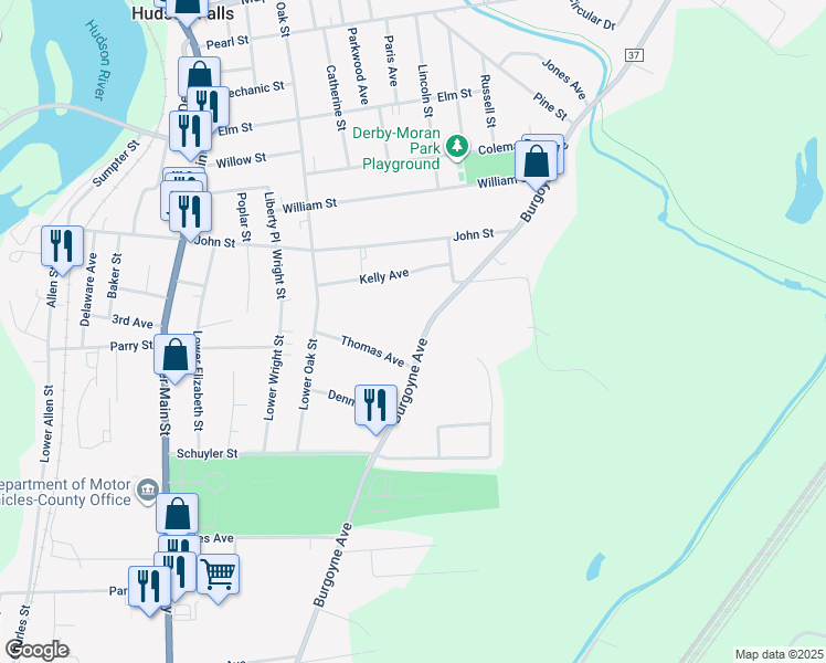 map of restaurants, bars, coffee shops, grocery stores, and more near 1277 Burgoyne Avenue in Hudson Falls