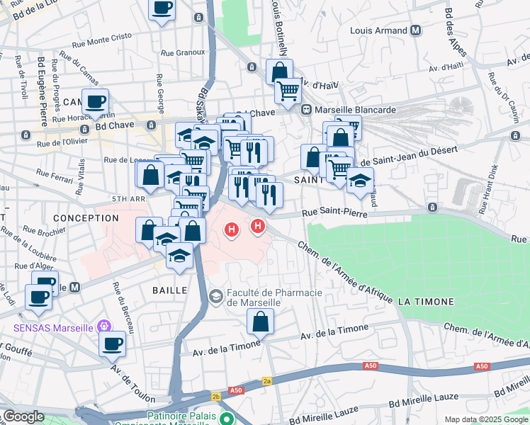 map of restaurants, bars, coffee shops, grocery stores, and more near 299 Rue Saint-Pierre in Marseille