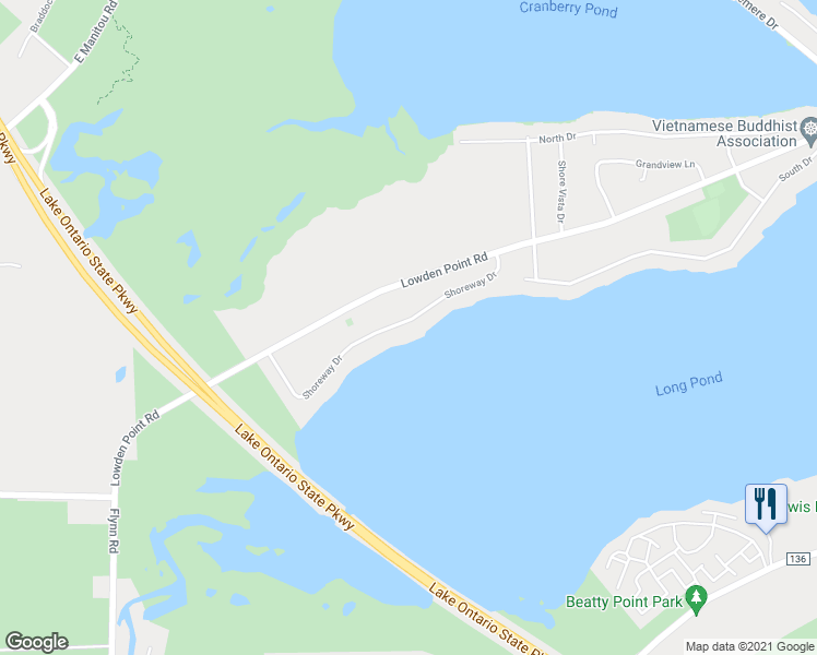 map of restaurants, bars, coffee shops, grocery stores, and more near 61 Shoreway Drive in Rochester