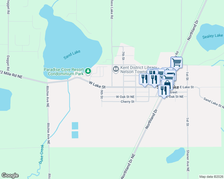 map of restaurants, bars, coffee shops, grocery stores, and more near 218 W Lake St in Sand Lake