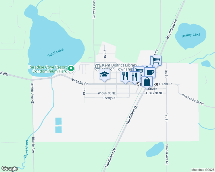 map of restaurants, bars, coffee shops, grocery stores, and more near 33 South 7th Street in Sand Lake