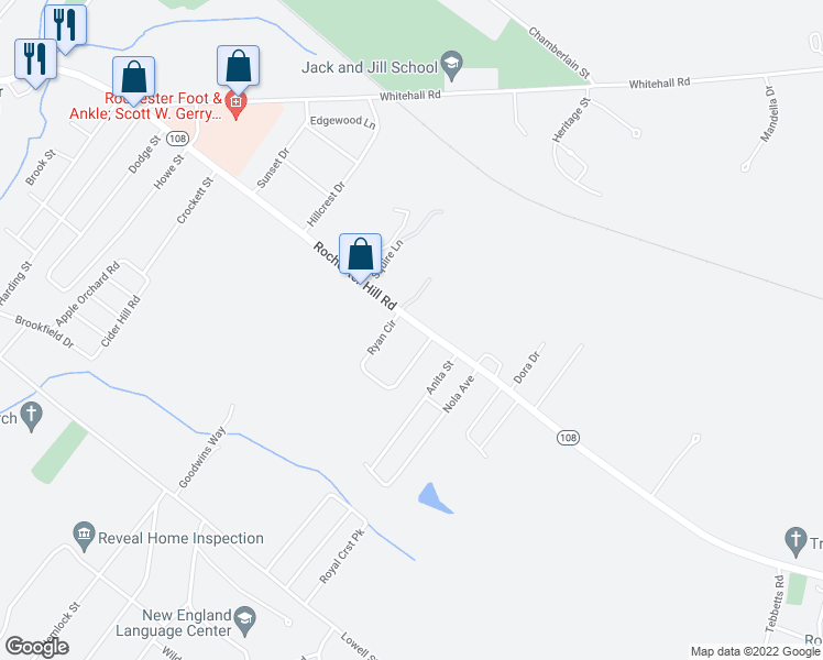 map of restaurants, bars, coffee shops, grocery stores, and more near 79 Rochester Hill Road in Rochester