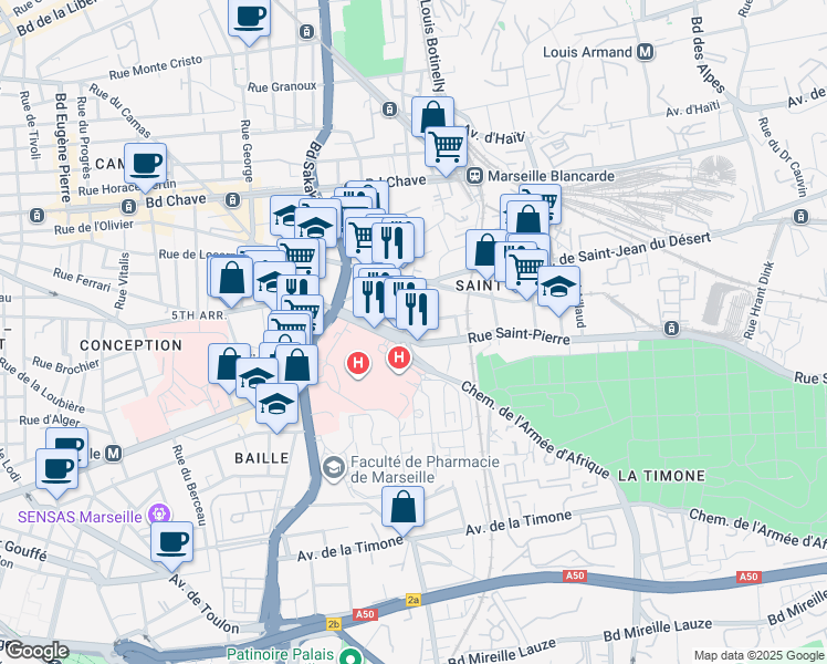 map of restaurants, bars, coffee shops, grocery stores, and more near 299 Rue Saint-Pierre in Marseille