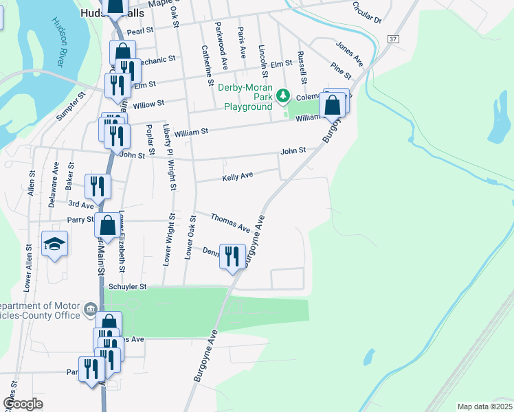 map of restaurants, bars, coffee shops, grocery stores, and more near 1277 Burgoyne Avenue in Hudson Falls