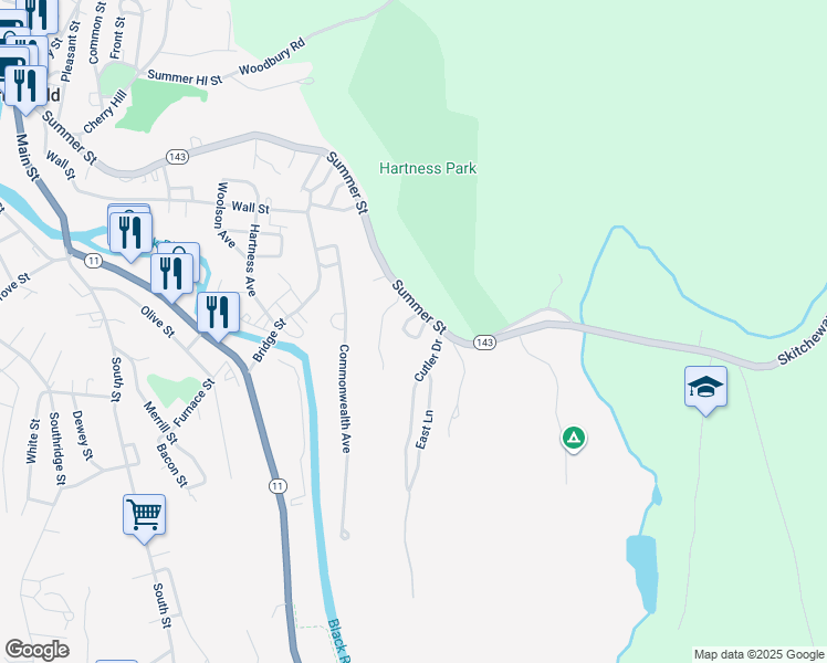 map of restaurants, bars, coffee shops, grocery stores, and more near 361 Summer Street in Springfield