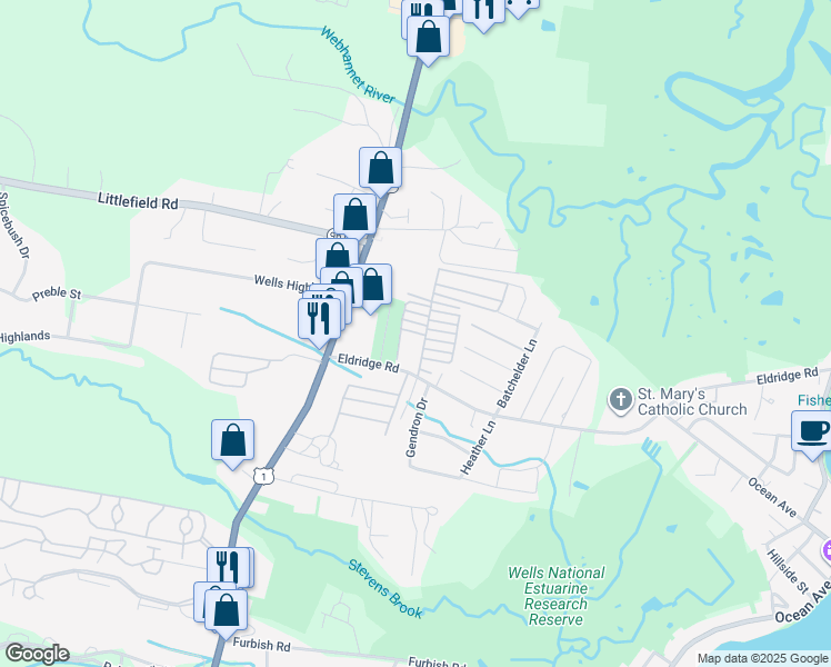 map of restaurants, bars, coffee shops, grocery stores, and more near 76 Eldridge Road in Wells