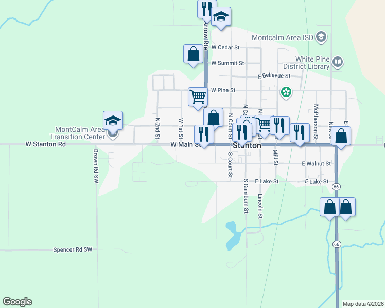 map of restaurants, bars, coffee shops, grocery stores, and more near 339 West Main Street in Stanton