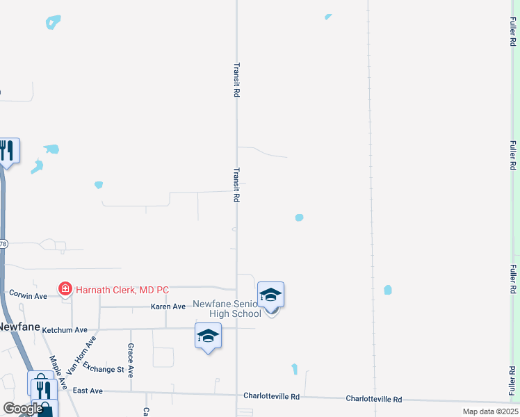 map of restaurants, bars, coffee shops, grocery stores, and more near 2545 Transit Road in Newfane