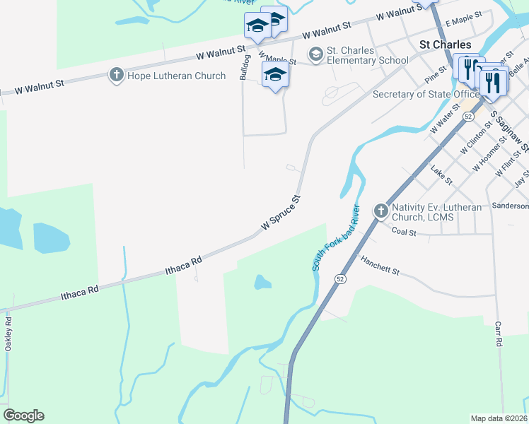 map of restaurants, bars, coffee shops, grocery stores, and more near 12220 Ithaca Road in Saint Charles